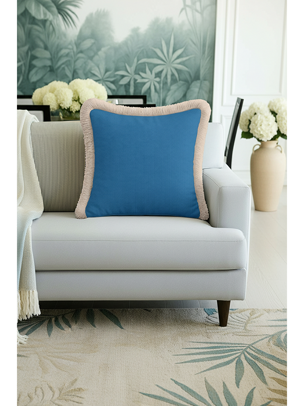 Karışık Zarif Mavi Lüks Saçaklı Yastık Kılıfı - Sofistike Bohem Gri Püsküllü Kırlent Kılıfı-4