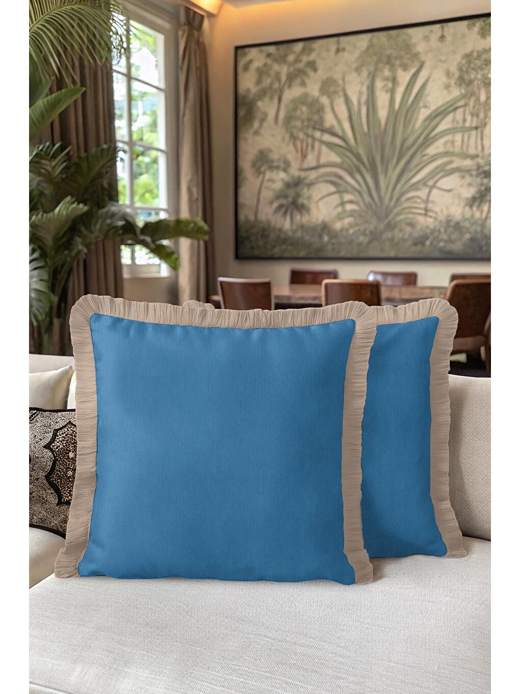 Karışık Zarif Mavi Lüks Saçaklı Yastık Kılıfı - Sofistike Bohem Gri Püsküllü Kırlent Kılıfı-5