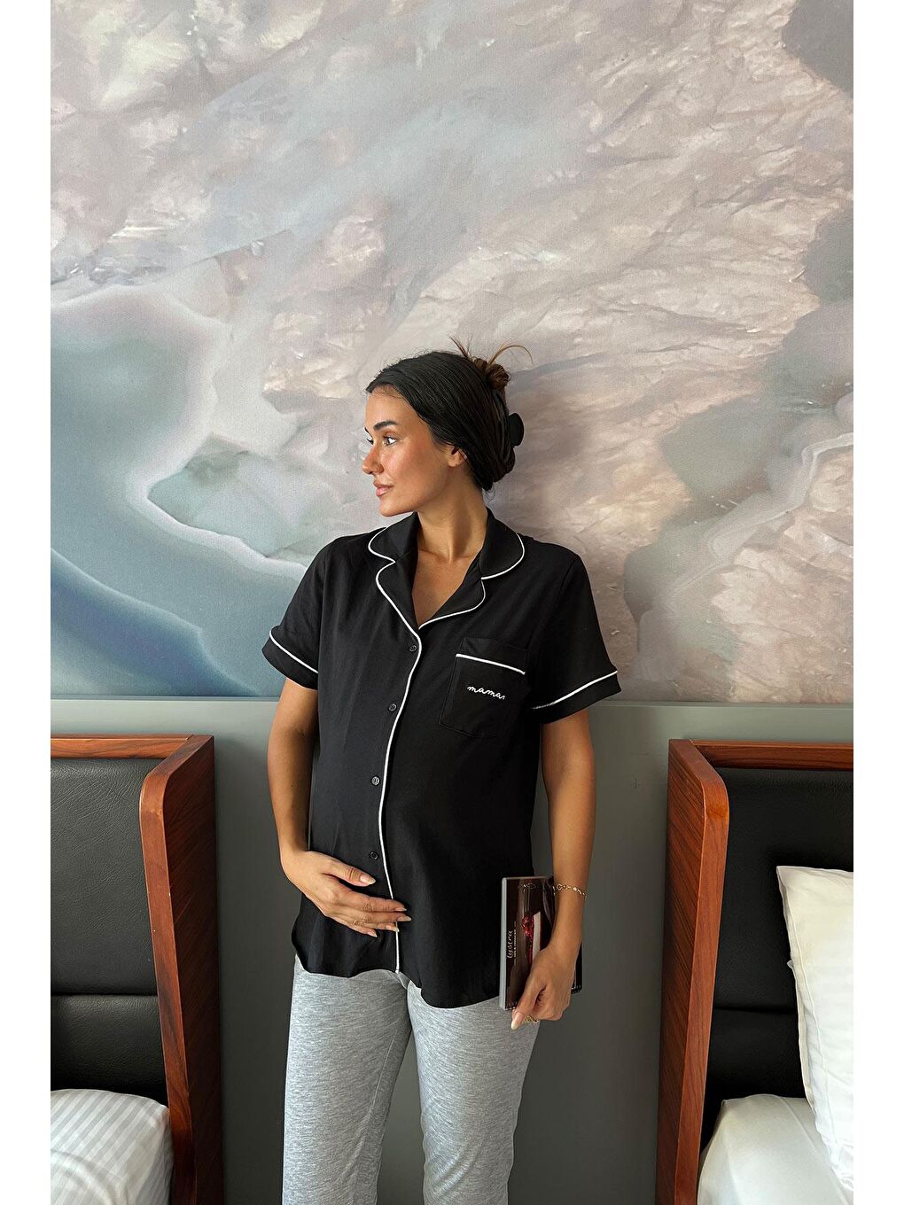 Pamuklu Kısa Kol Siyah Hamile Pijama Üstü-2