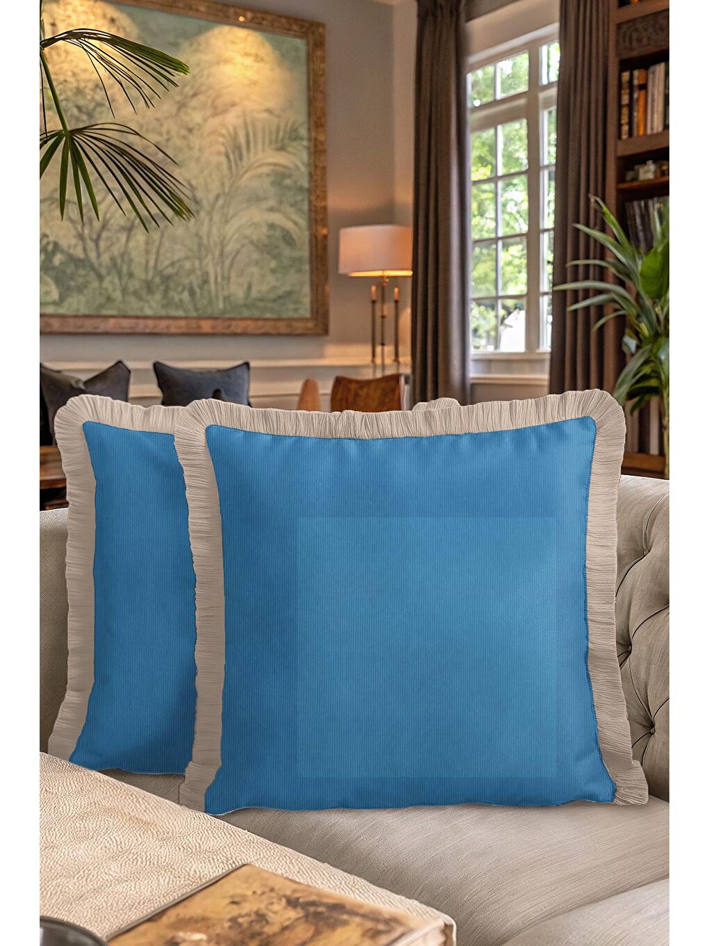 Karışık Zarif Mavi Lüks Saçaklı Yastık Kılıfı - Sofistike Bohem Gri Püsküllü Kırlent Kılıfı-7