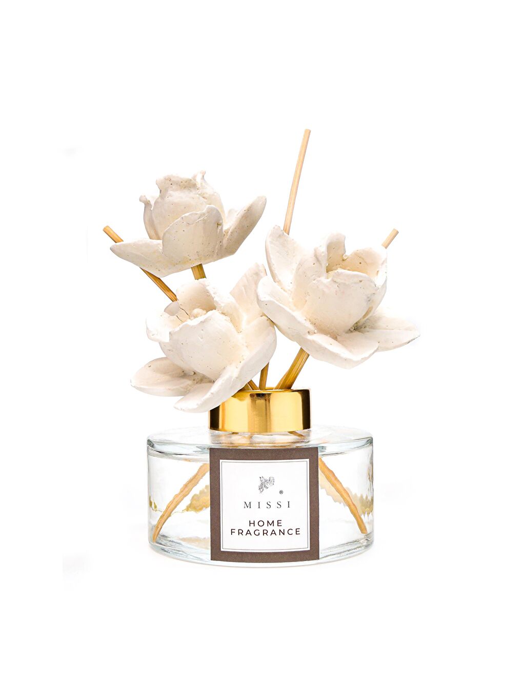 Ekru 150 ml Seramik Gül Taşlı Bambu Çubuklu White Jasmine Oda Kokusu