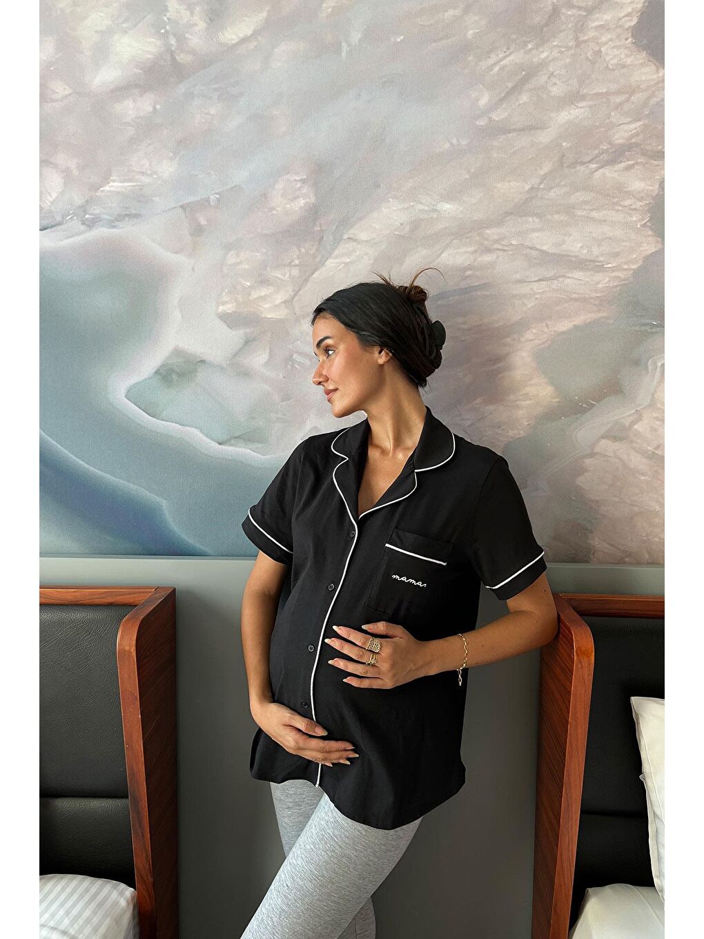 Pamuklu Kısa Kol Siyah Hamile Pijama Üstü-3