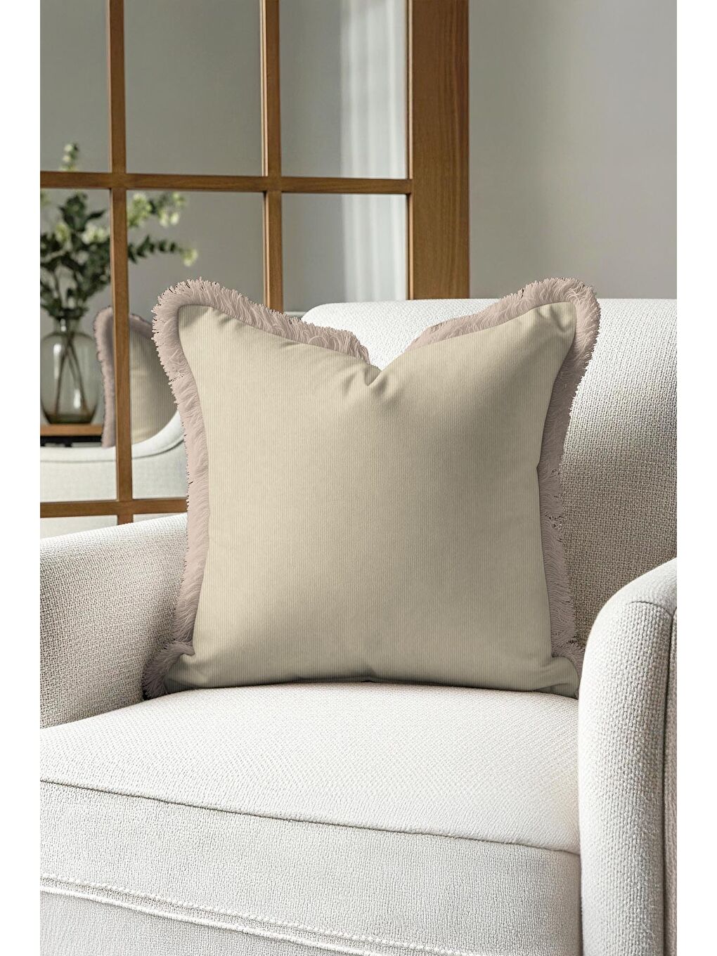 Karışık Luxury Bej Saçaklı Yastık Kılıfı - Naturel Bohem Bej Krem Püsküllü Kırlent Kılıfı-1