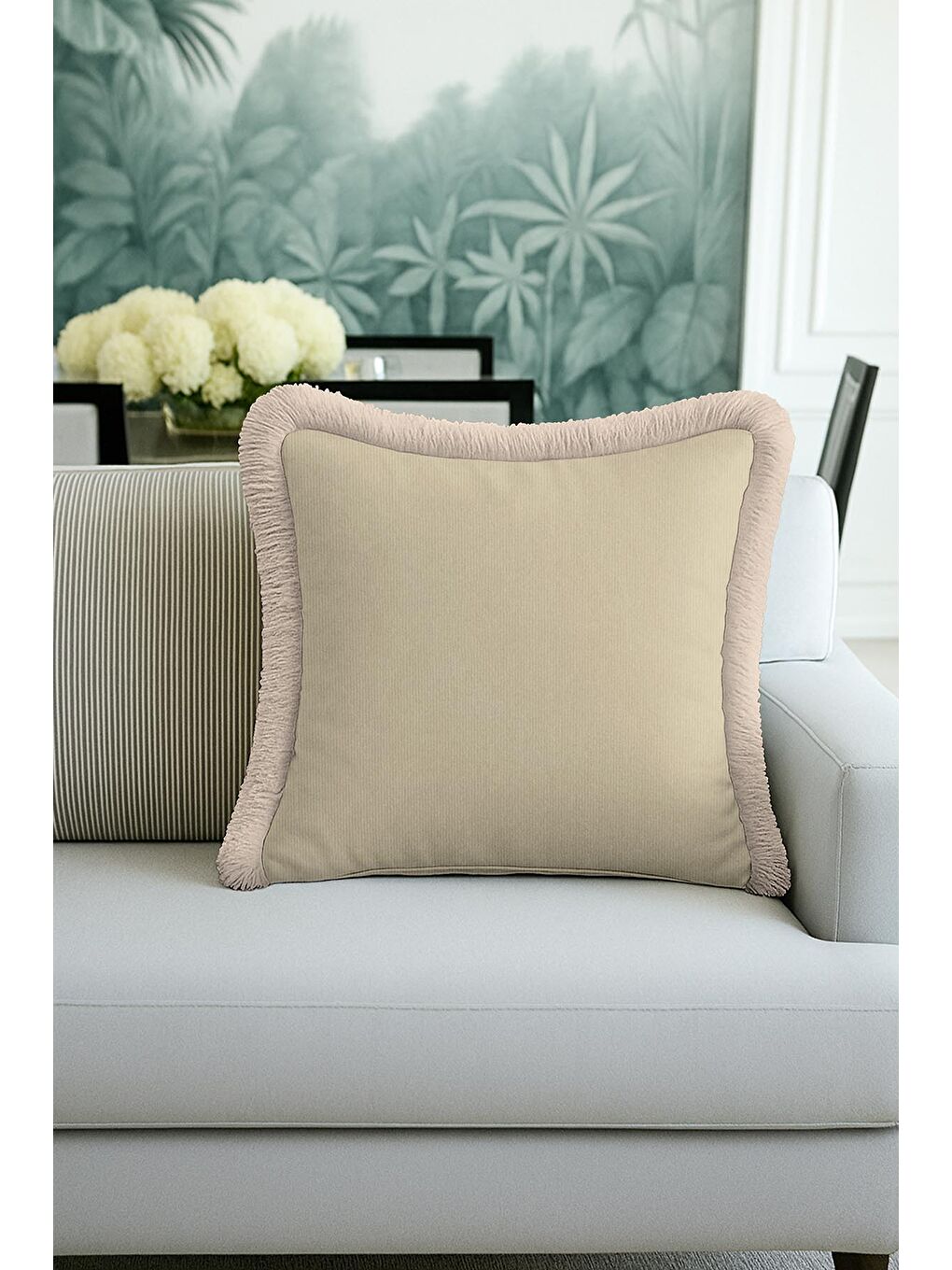 Karışık Luxury Bej Saçaklı Yastık Kılıfı - Naturel Bohem Bej Krem Püsküllü Kırlent Kılıfı-3