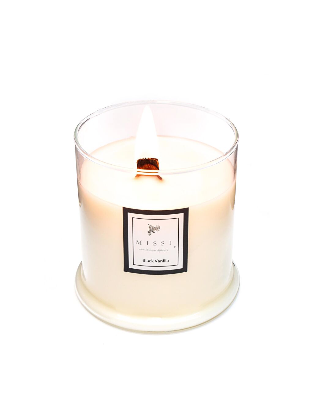 Ekru Büyük Üfleme Cam Ahşap Fitilli Black Vanilya Vegan Mum (380 gr)
