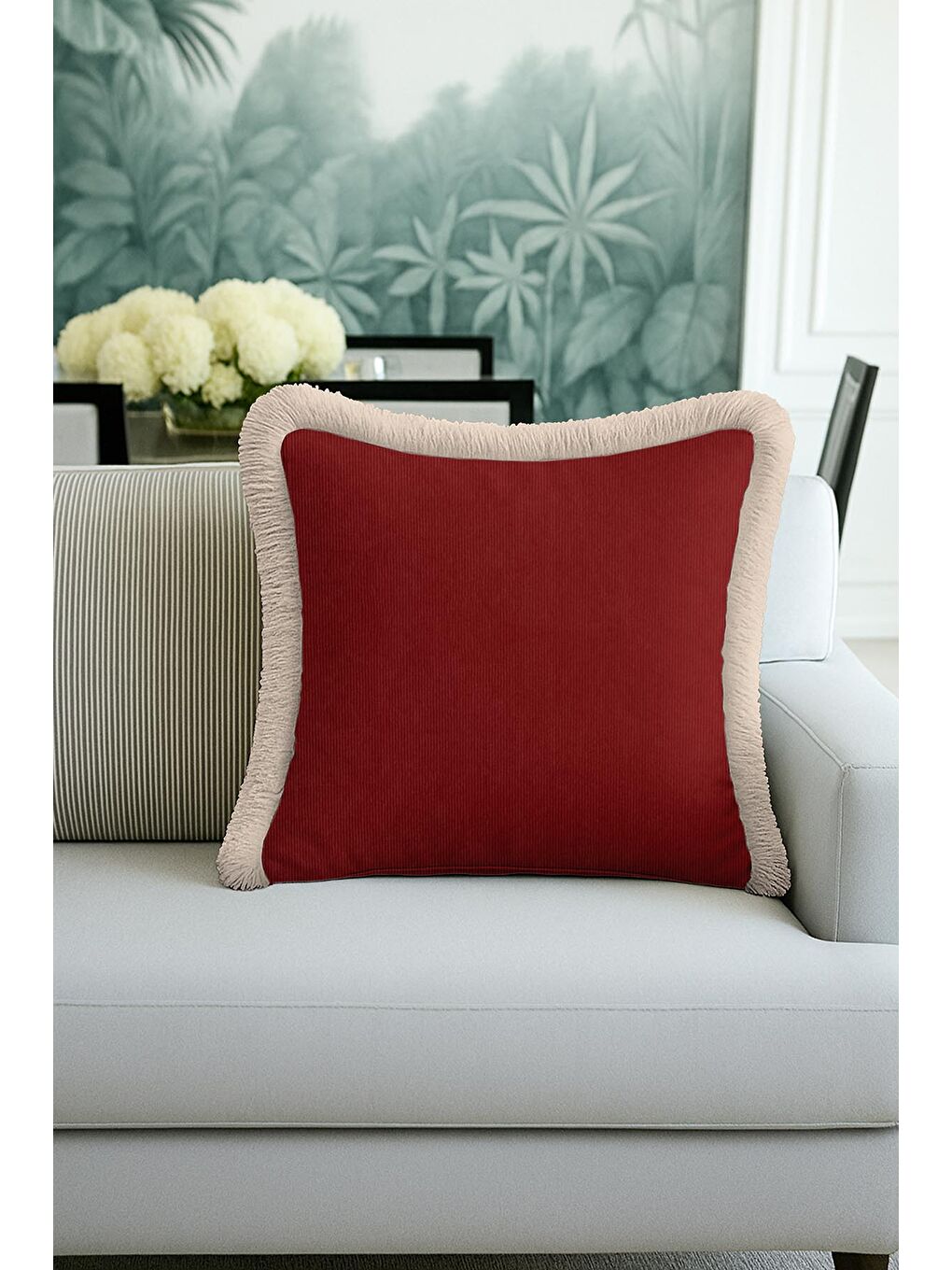 Karışık Zarif Lüks Bordo Saçaklı Yastık Kılıfı - Asil Modern Krem Altın Renkli Püsküllü Kırlent Kılıfı