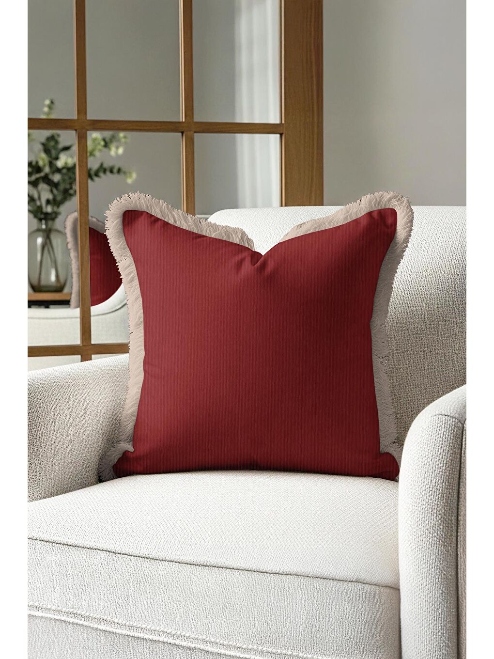 Karışık Zarif Lüks Bordo Saçaklı Yastık Kılıfı - Asil Modern Krem Altın Renkli Püsküllü Kırlent Kılıfı-1