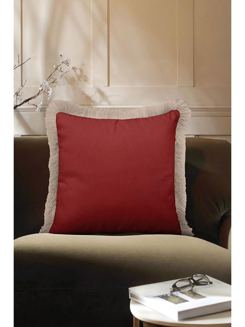 Karışık Zarif Lüks Bordo Saçaklı Yastık Kılıfı - Asil Modern Krem Altın Renkli Püsküllü Kırlent Kılıfı-4