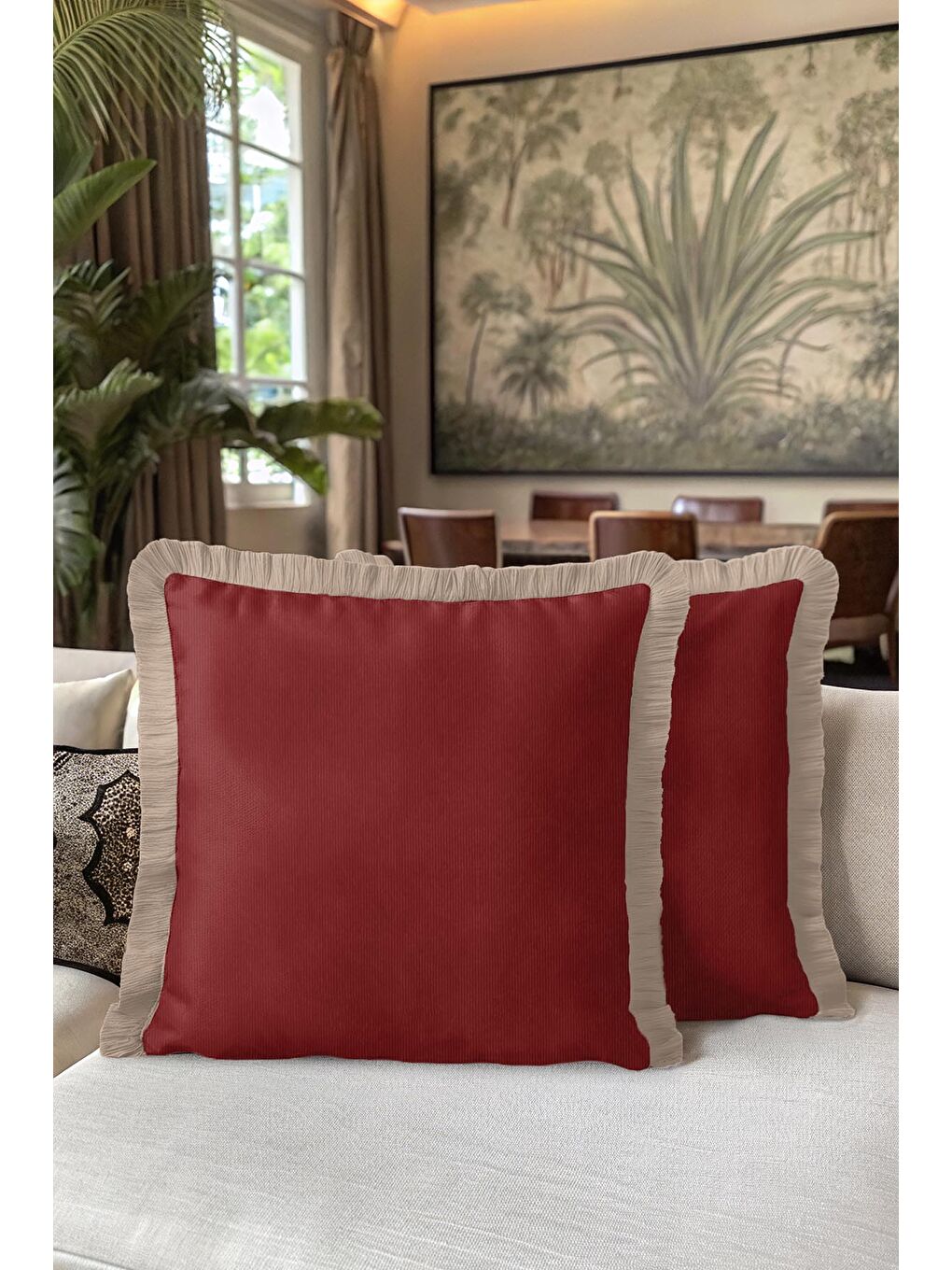 Karışık Zarif Lüks Bordo Saçaklı Yastık Kılıfı - Asil Modern Krem Altın Renkli Püsküllü Kırlent Kılıfı-5