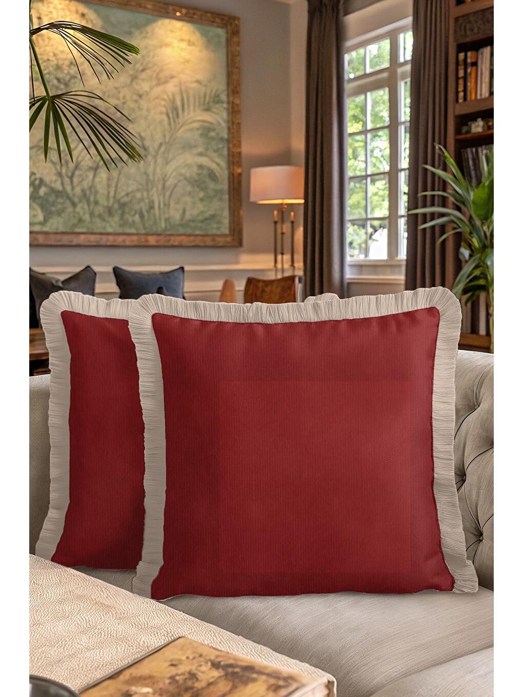 Karışık Zarif Lüks Bordo Saçaklı Yastık Kılıfı - Asil Modern Krem Altın Renkli Püsküllü Kırlent Kılıfı-7