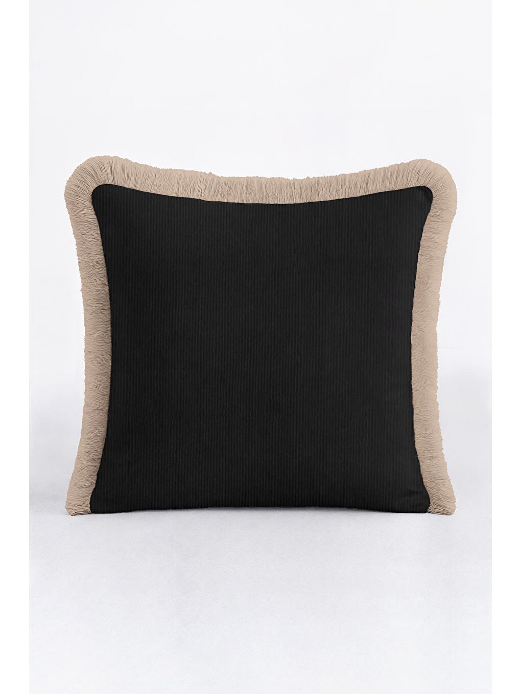Karışık Lüks Siyah Saçaklı Yastık Kılıfı - Minimalist Modern Bej Püsküllü Kırlent Kılıfı-1
