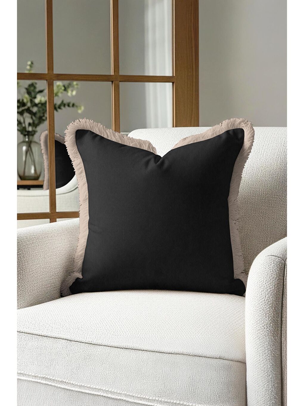 Karışık Lüks Siyah Saçaklı Yastık Kılıfı - Minimalist Modern Bej Püsküllü Kırlent Kılıfı-2