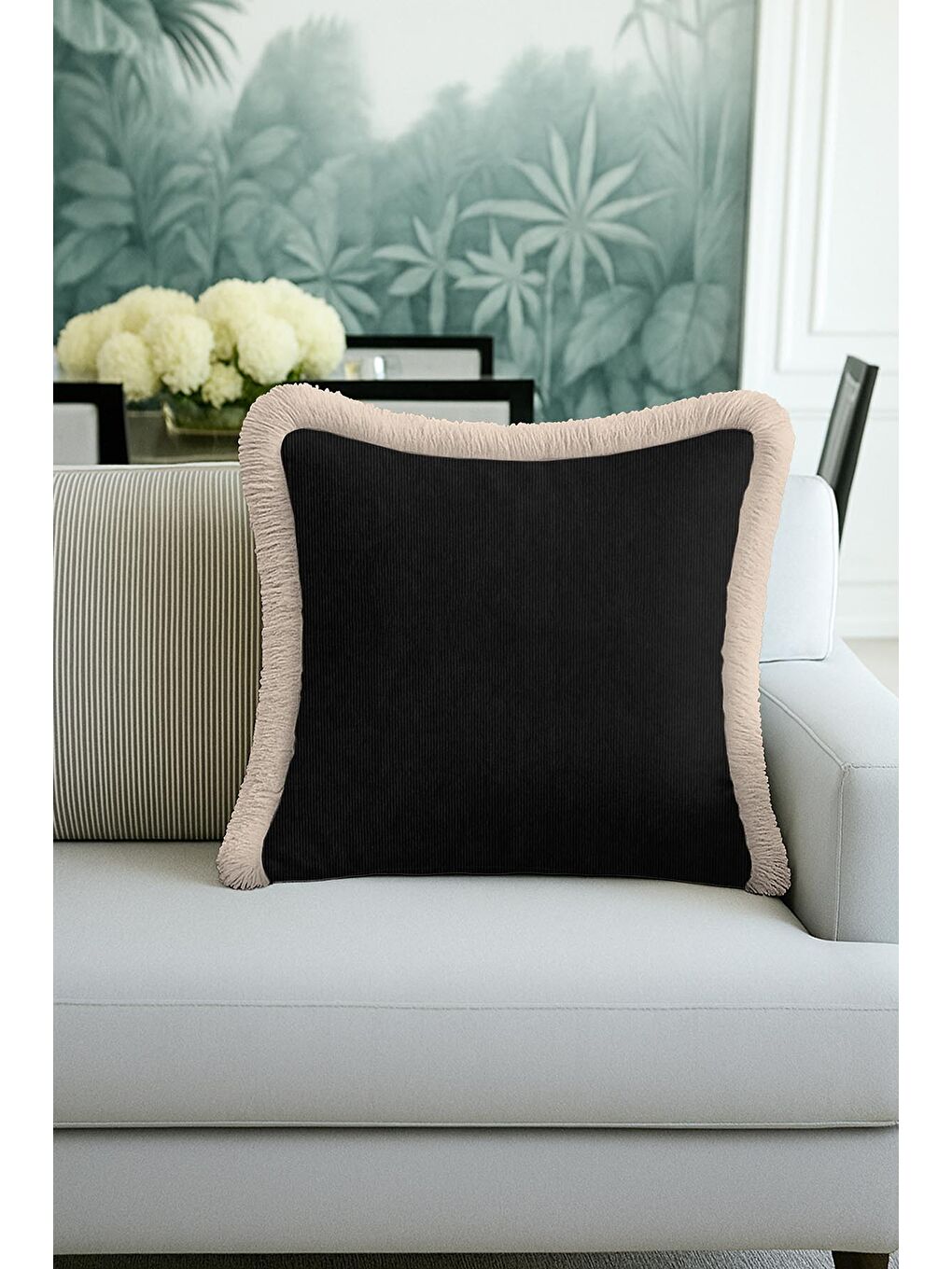 Karışık Lüks Siyah Saçaklı Yastık Kılıfı - Minimalist Modern Bej Püsküllü Kırlent Kılıfı-3