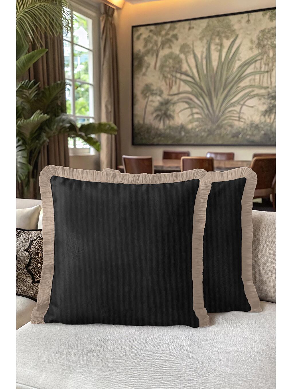 Karışık Lüks Siyah Saçaklı Yastık Kılıfı - Minimalist Modern Bej Püsküllü Kırlent Kılıfı-5