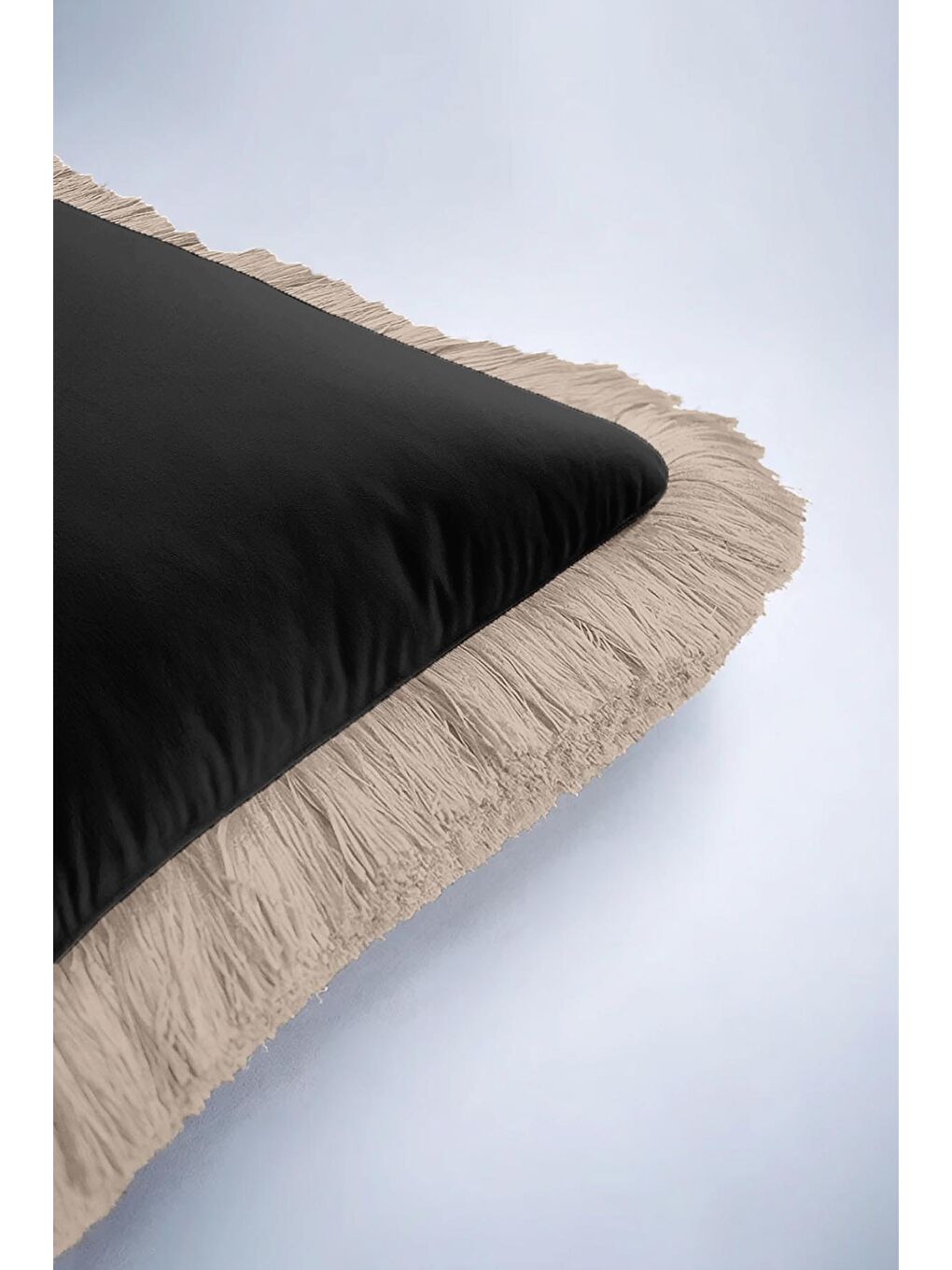 Karışık Lüks Siyah Saçaklı Yastık Kılıfı - Minimalist Modern Bej Püsküllü Kırlent Kılıfı-6