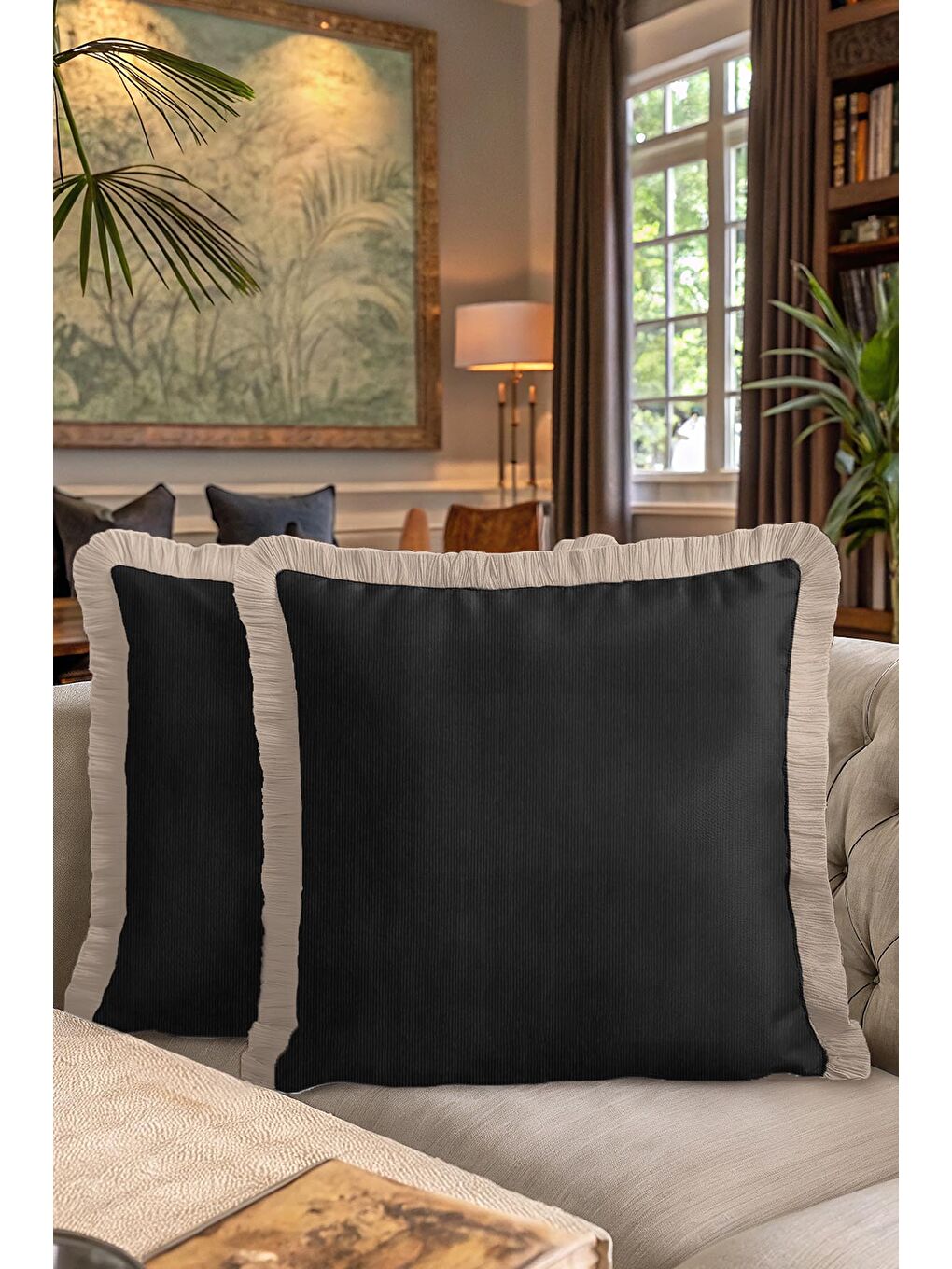 Karışık Lüks Siyah Saçaklı Yastık Kılıfı - Minimalist Modern Bej Püsküllü Kırlent Kılıfı-7