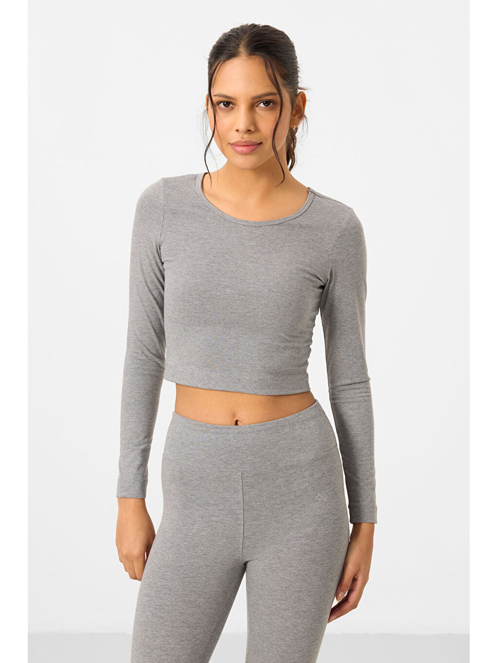 Gri Melanj Yüksek Bel Uzun Kollu Slim Fit Crop Top Kadın Tayt Takım - 95286-4
