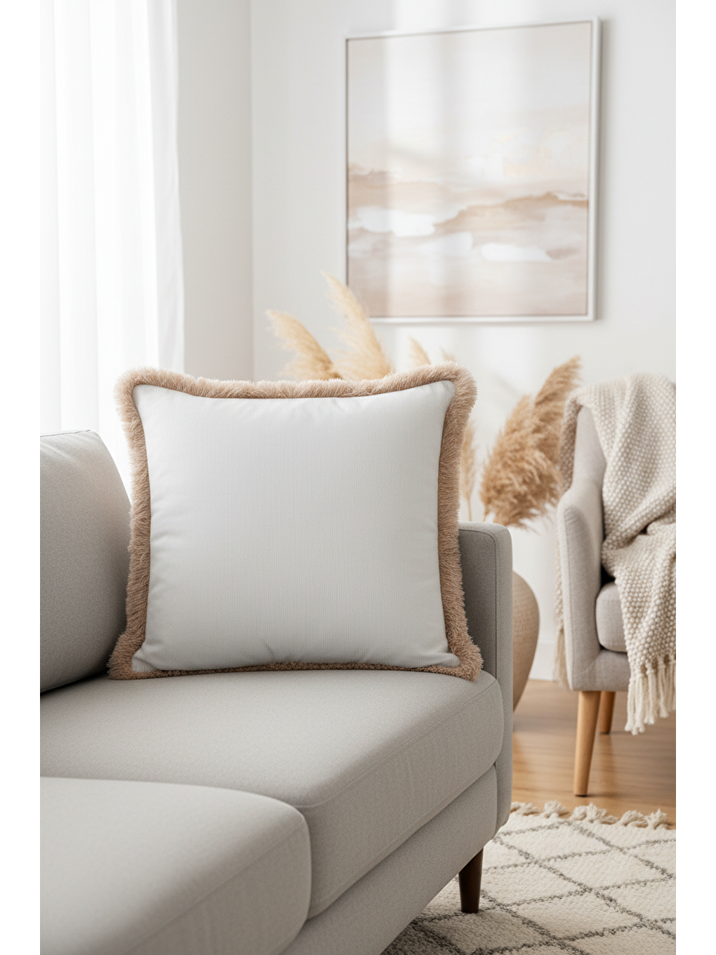 Karışık Zamansız Şıklık Saçaklı Yastık Kılıfı - Sade Country Bej Püsküllü Kırlent Kılıfı-3