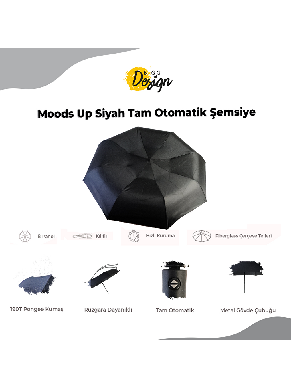 Moods Up Siyah Tam Otomatik Şemsiye-7
