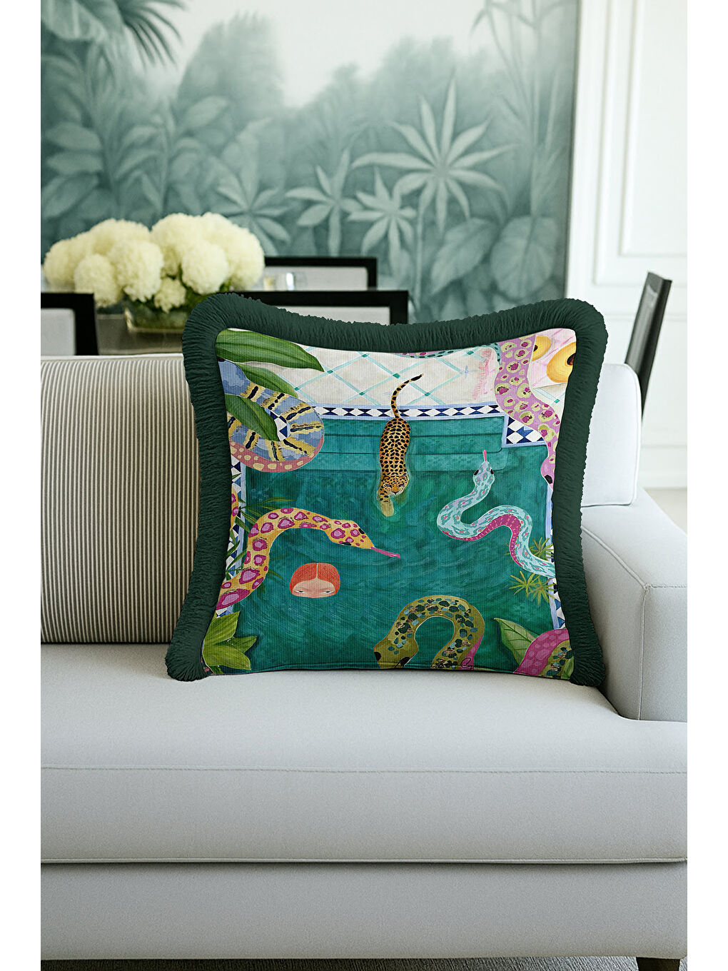 Karışık Egzotik Orman Hayvanları Saçaklı Yastık Kılıfı - Tropikal Bohem Yeşil Püsküllü Kırlent Kılıfı-1