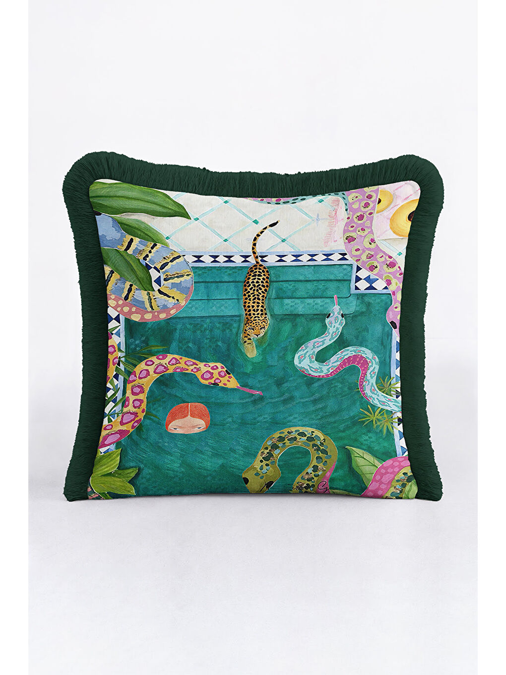 Karışık Egzotik Orman Hayvanları Saçaklı Yastık Kılıfı - Tropikal Bohem Yeşil Püsküllü Kırlent Kılıfı-2