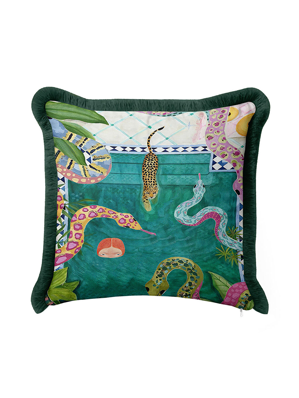 Karışık Egzotik Orman Hayvanları Saçaklı Yastık Kılıfı - Tropikal Bohem Yeşil Püsküllü Kırlent Kılıfı-3