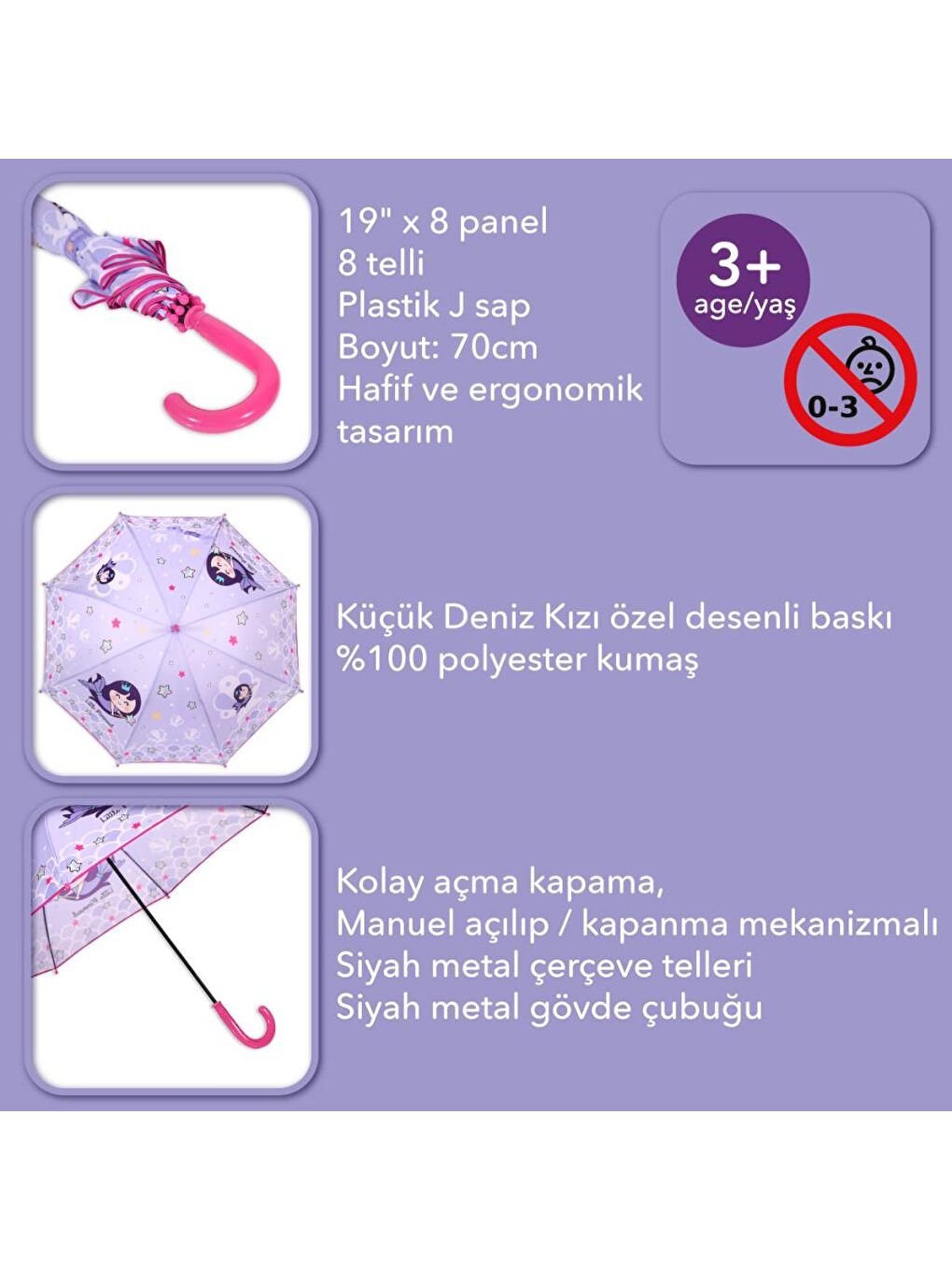 Milk&Moo Mor Küçük Deniz Kızı Çocuk Şemsiyesi - 2