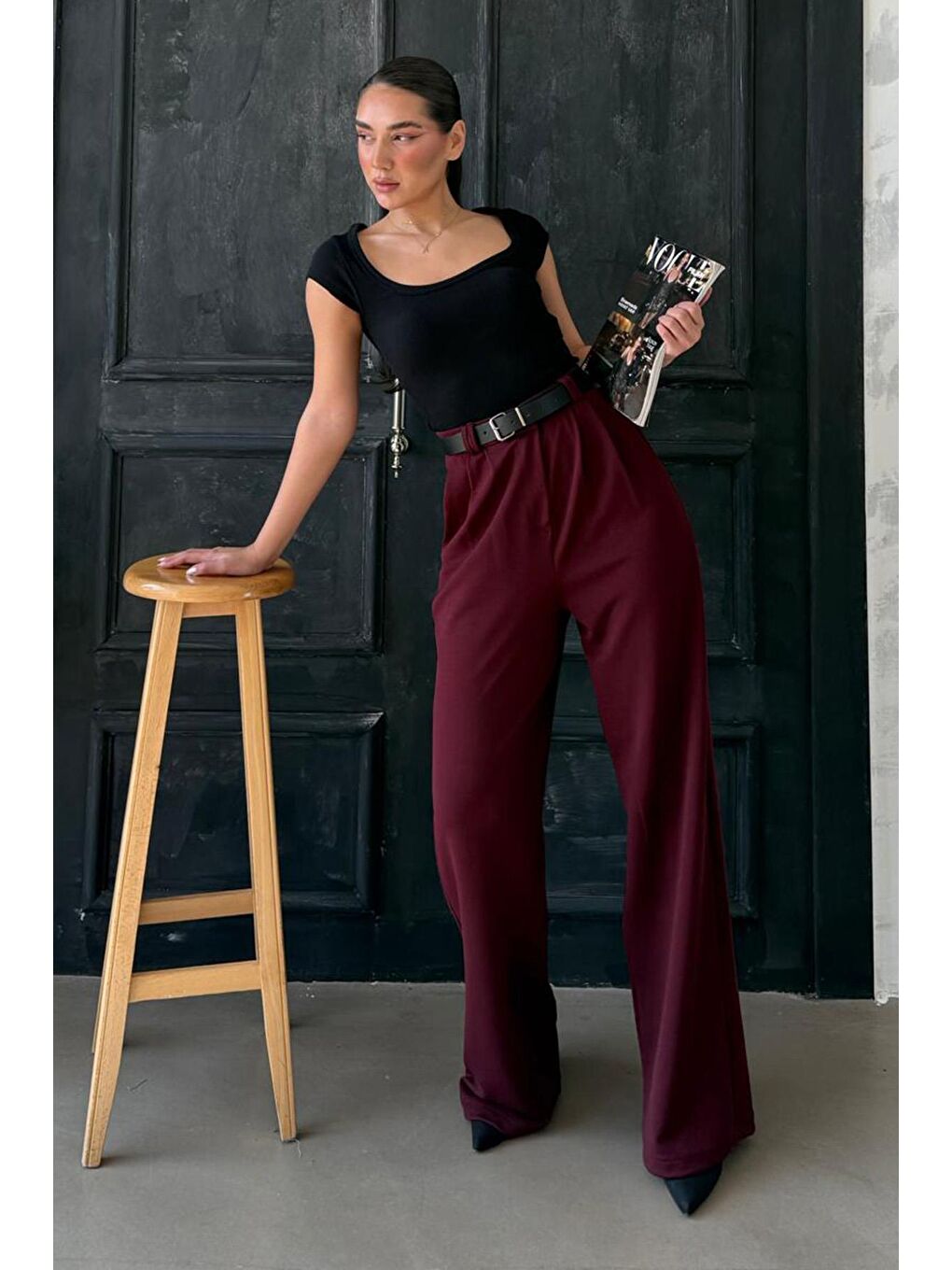 Bordo Çift Pileli Kemerli Pantolon Mg2330