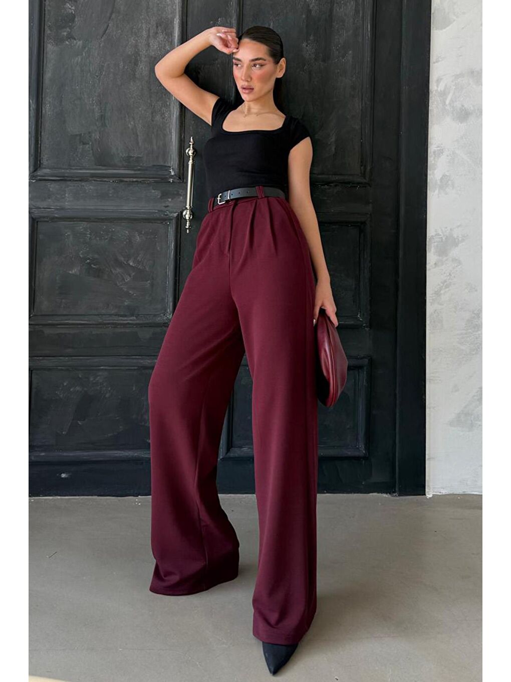 Bordo Çift Pileli Kemerli Pantolon Mg2330-1