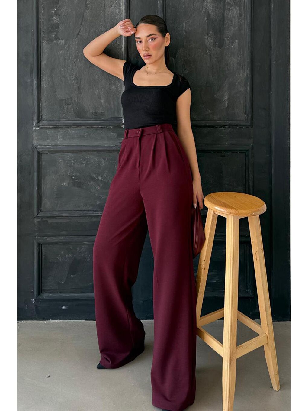 Bordo Çift Pileli Kemerli Pantolon Mg2330-2