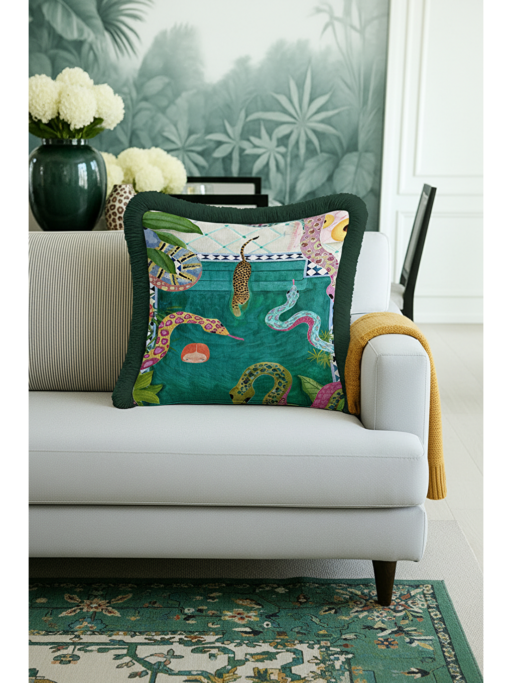 Karışık Egzotik Orman Hayvanları Saçaklı Yastık Kılıfı - Tropikal Bohem Yeşil Püsküllü Kırlent Kılıfı-4