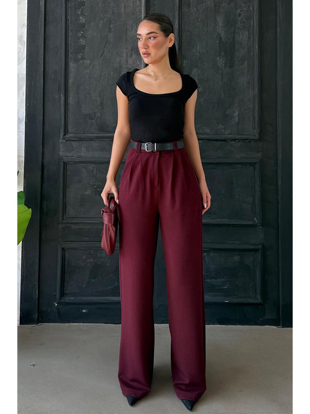 Bordo Çift Pileli Kemerli Pantolon Mg2330-3