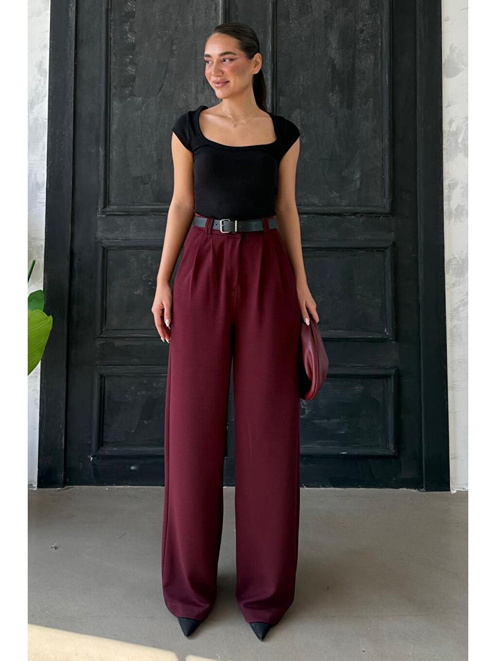 Bordo Çift Pileli Kemerli Pantolon Mg2330-4