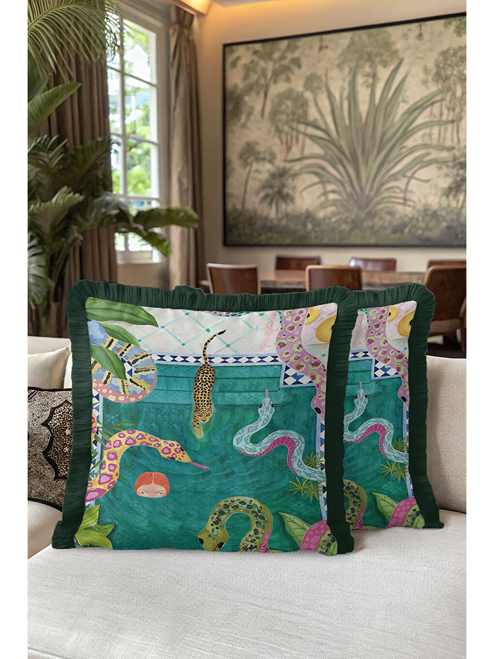 Karışık Egzotik Orman Hayvanları Saçaklı Yastık Kılıfı - Tropikal Bohem Yeşil Püsküllü Kırlent Kılıfı-5