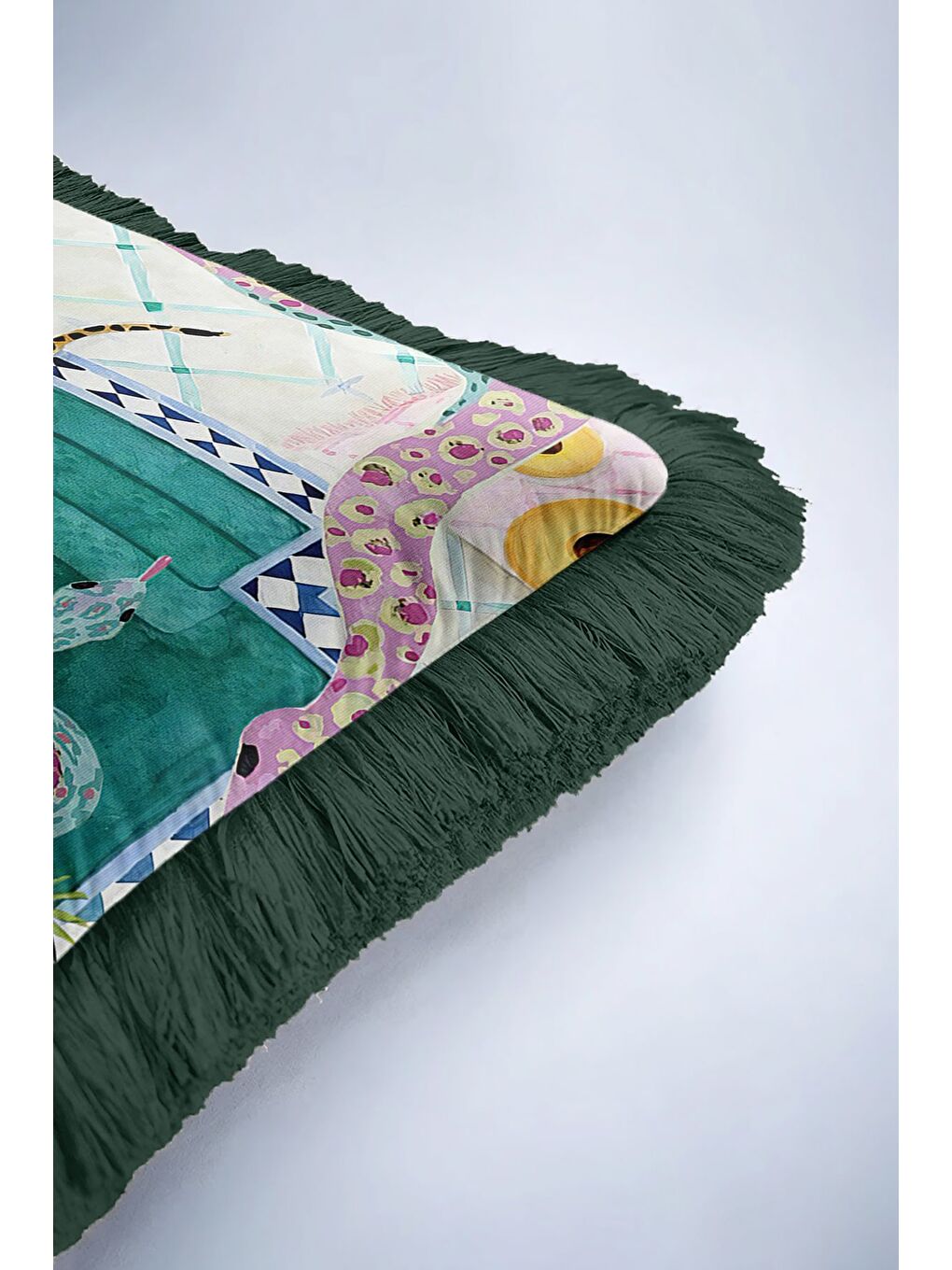 Karışık Egzotik Orman Hayvanları Saçaklı Yastık Kılıfı - Tropikal Bohem Yeşil Püsküllü Kırlent Kılıfı-6