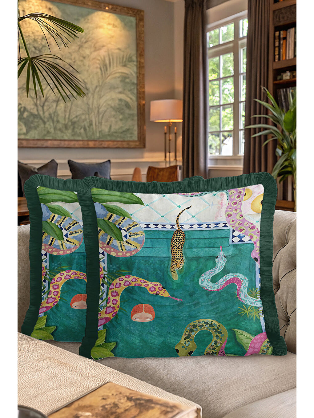 Karışık Egzotik Orman Hayvanları Saçaklı Yastık Kılıfı - Tropikal Bohem Yeşil Püsküllü Kırlent Kılıfı-7
