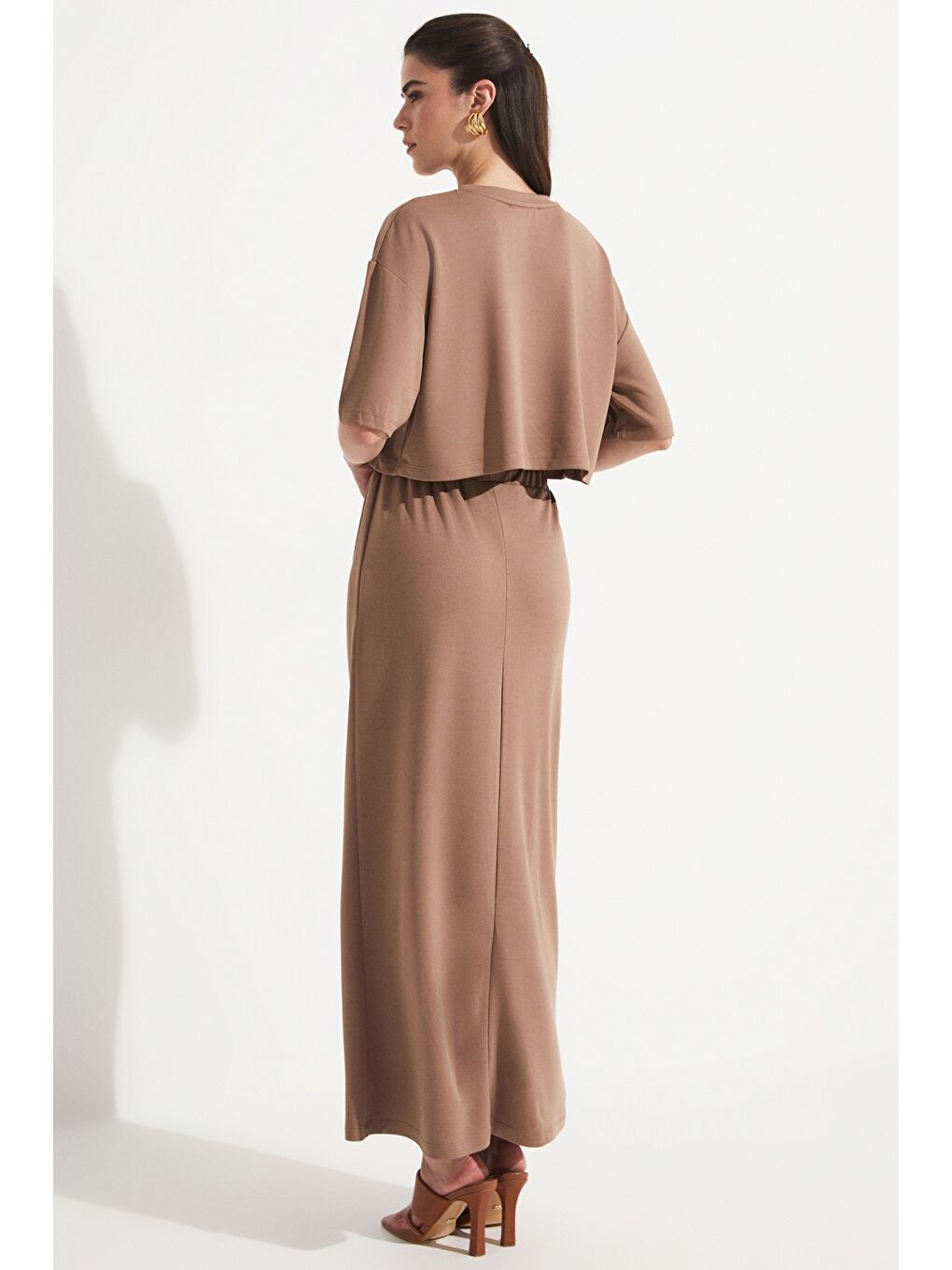 Kahverengi Kadın Modal Karışımlı Crop Etek Takım-5