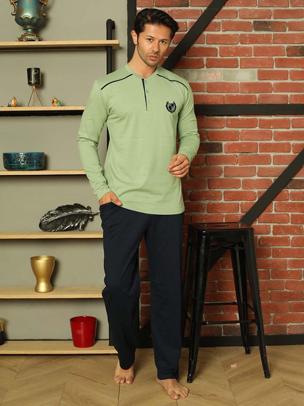 Yeşil Erkek Pijama Takımı Uzun Kol Süprem Pamuklu Mevsimlik