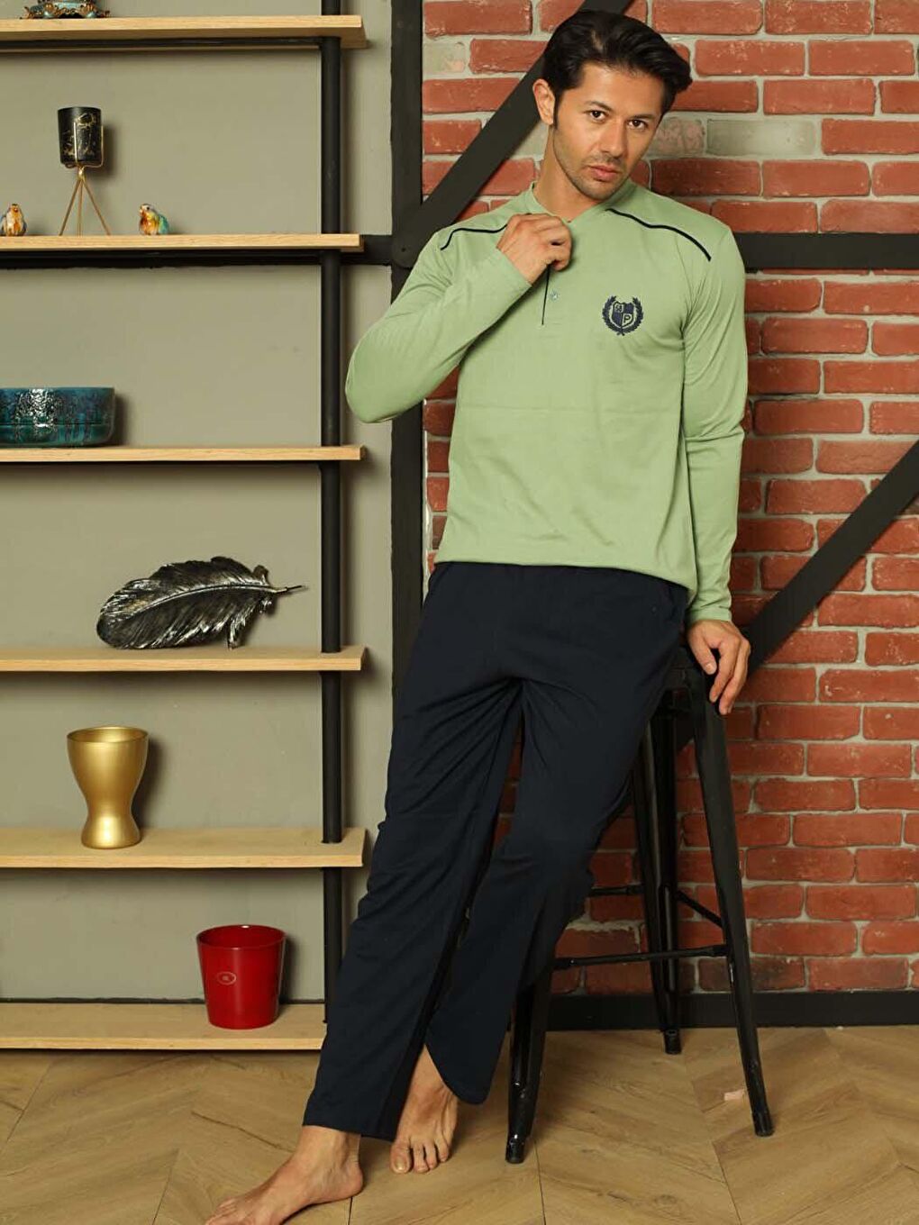 Yeşil Erkek Pijama Takımı Uzun Kol Süprem Pamuklu Mevsimlik-1