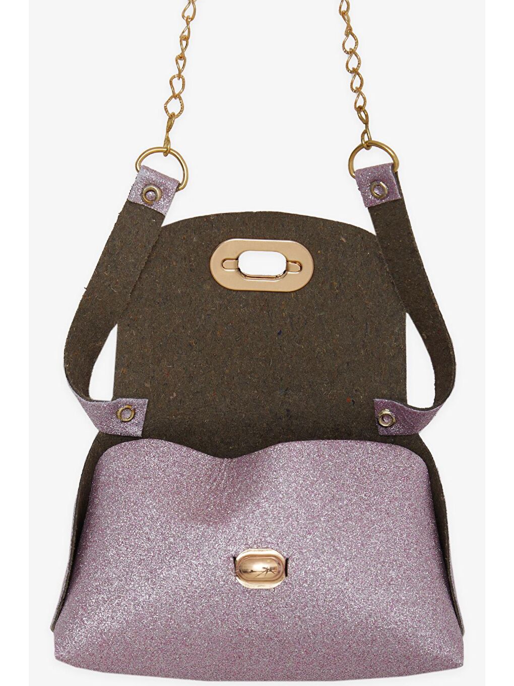 Çocuk Zincirli Simli Mini Omuz Çantası Lila-3