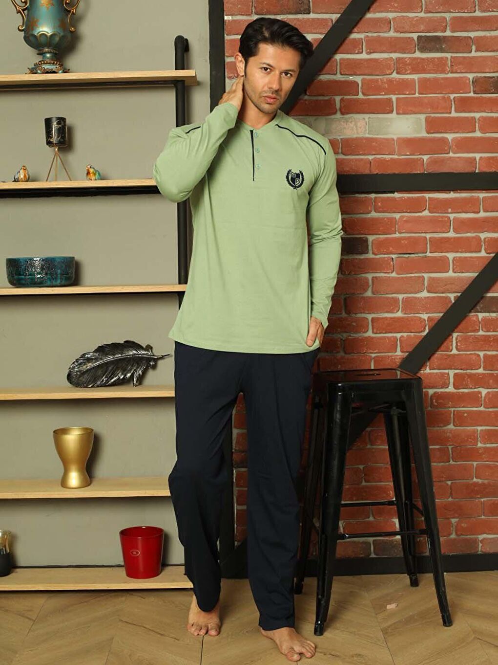 Yeşil Erkek Pijama Takımı Uzun Kol Süprem Pamuklu Mevsimlik-2