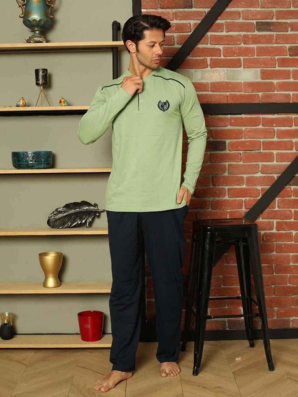 Yeşil Erkek Pijama Takımı Uzun Kol Süprem Pamuklu Mevsimlik-3