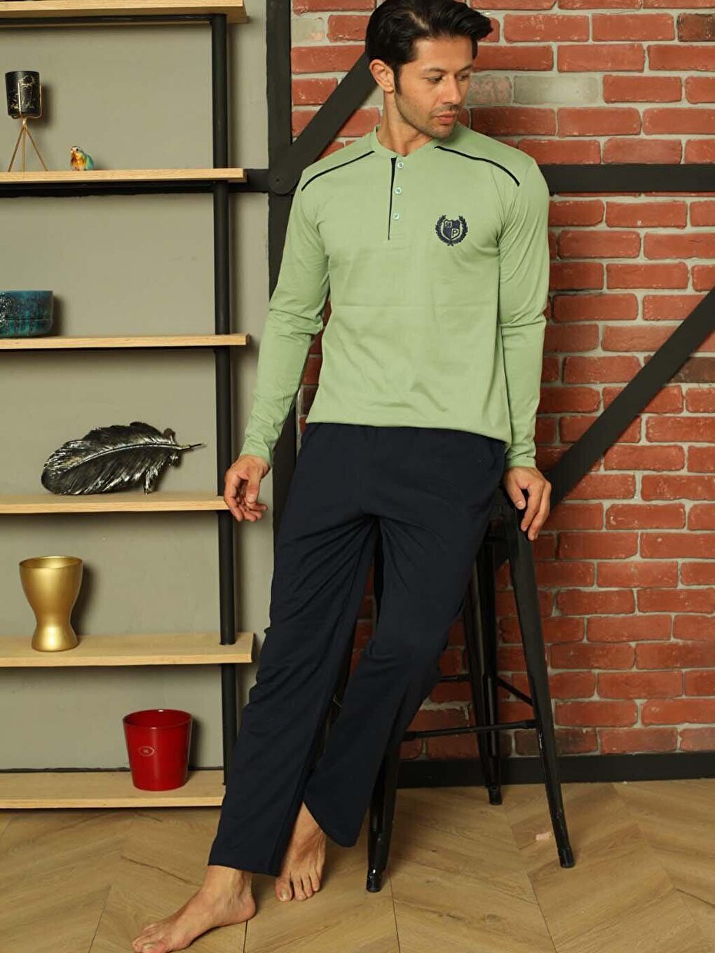 Yeşil Erkek Pijama Takımı Uzun Kol Süprem Pamuklu Mevsimlik-4