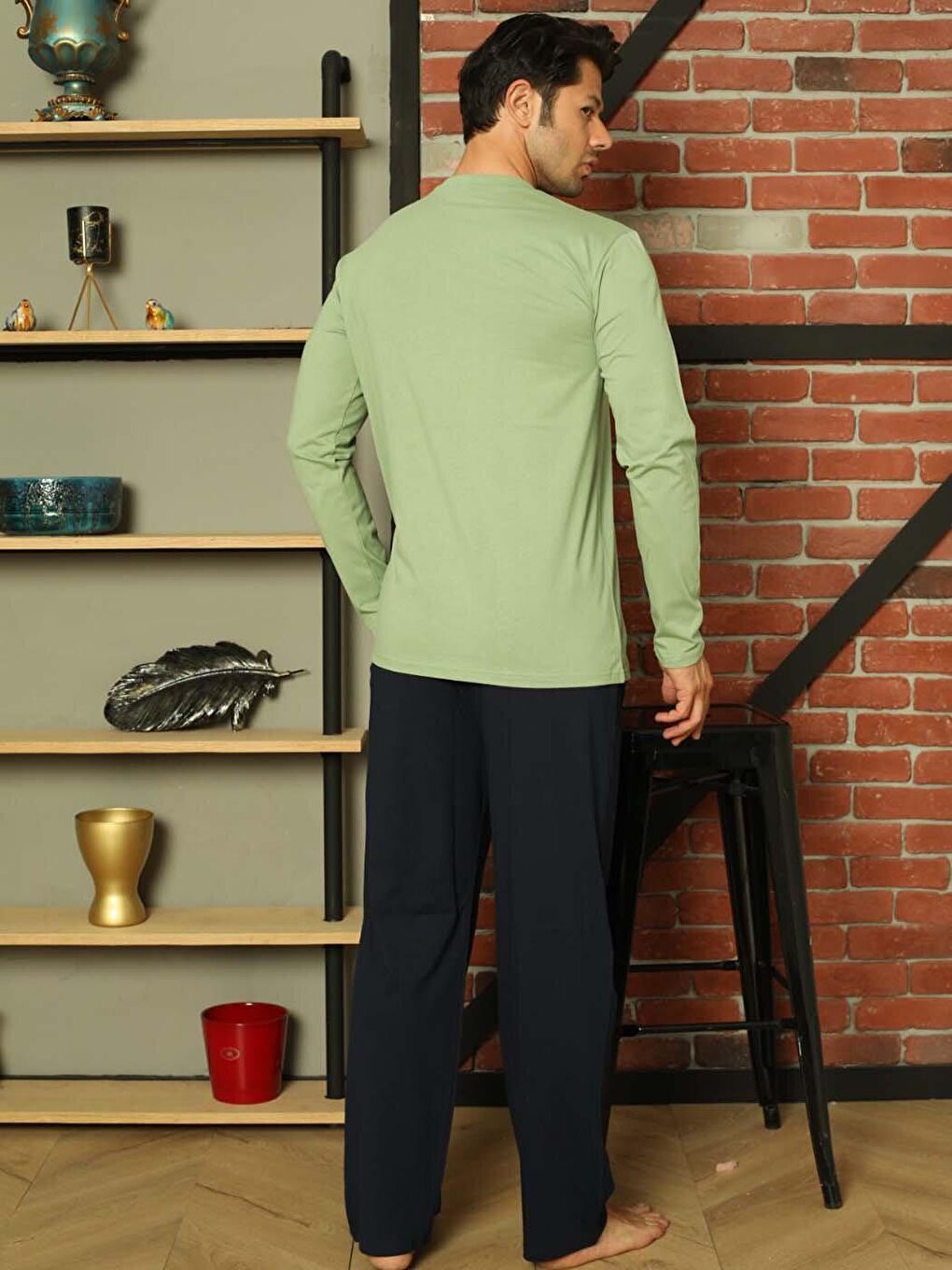 Yeşil Erkek Pijama Takımı Uzun Kol Süprem Pamuklu Mevsimlik-5