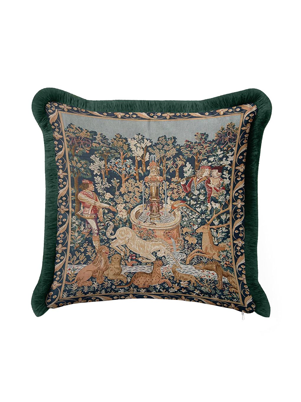 Karışık Asil Saray Figürlü Saçaklı Yastık Kılıfı - Şövalye Orman Gotik Yeşil Gold Püsküllü Kırlent Kılıfı