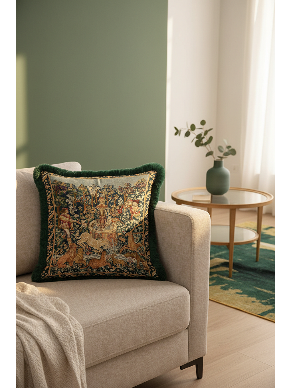 Karışık Asil Saray Figürlü Saçaklı Yastık Kılıfı - Şövalye Orman Gotik Yeşil Gold Püsküllü Kırlent Kılıfı-3