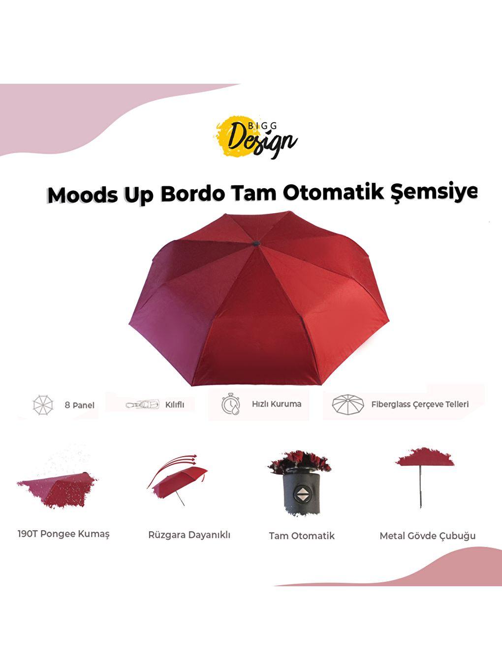 Biggdesign Moods Up Bordo Tam Otomatik Şemsiye - 7
