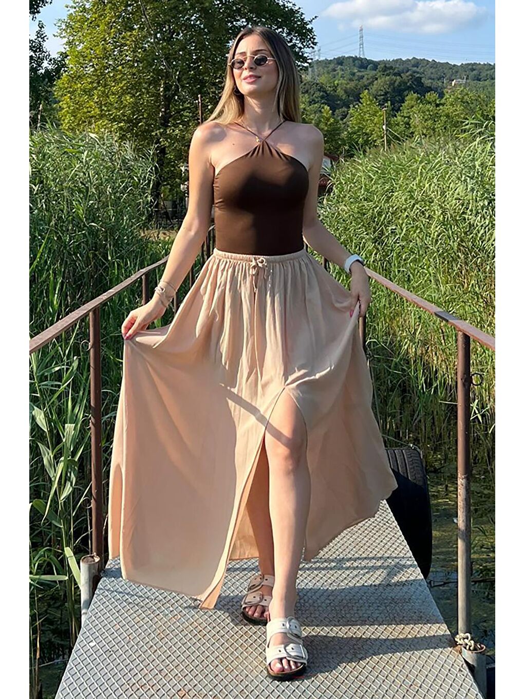 Bej Beli Lastikli Yırtmaçlı Uzun Kadın Etek Mg2062-1