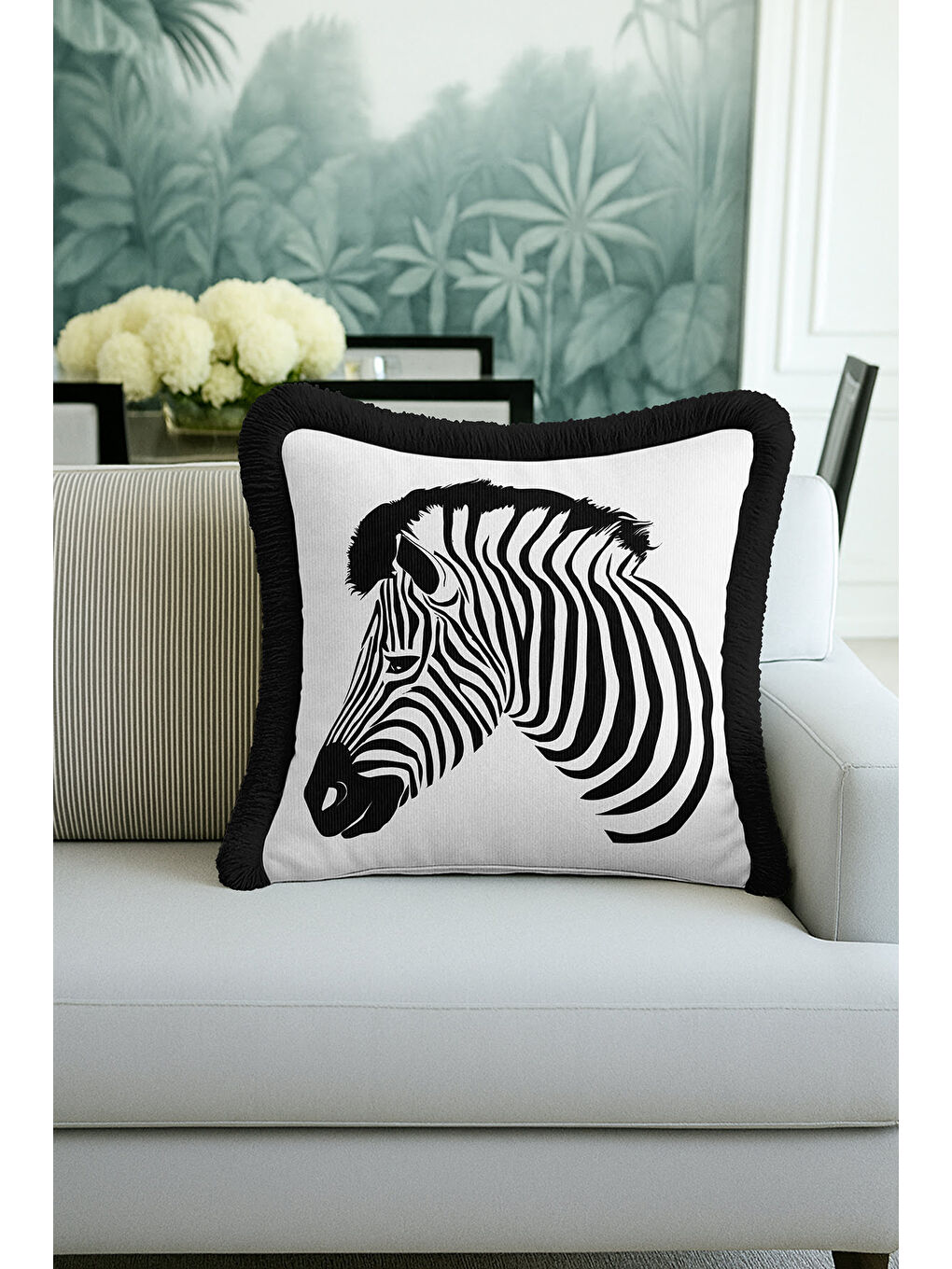 Karışık Zebra Çizgili Saçaklı Yastık Kılıfı - Siyah Beyaz Safari Etnik Klasik Püsküllü Kırlent Kılıfı