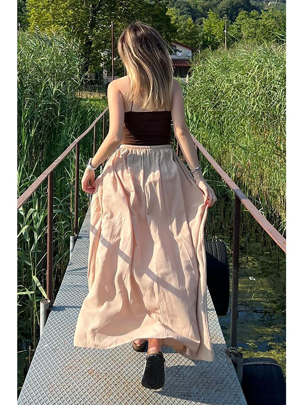 Bej Beli Lastikli Yırtmaçlı Uzun Kadın Etek Mg2062-3